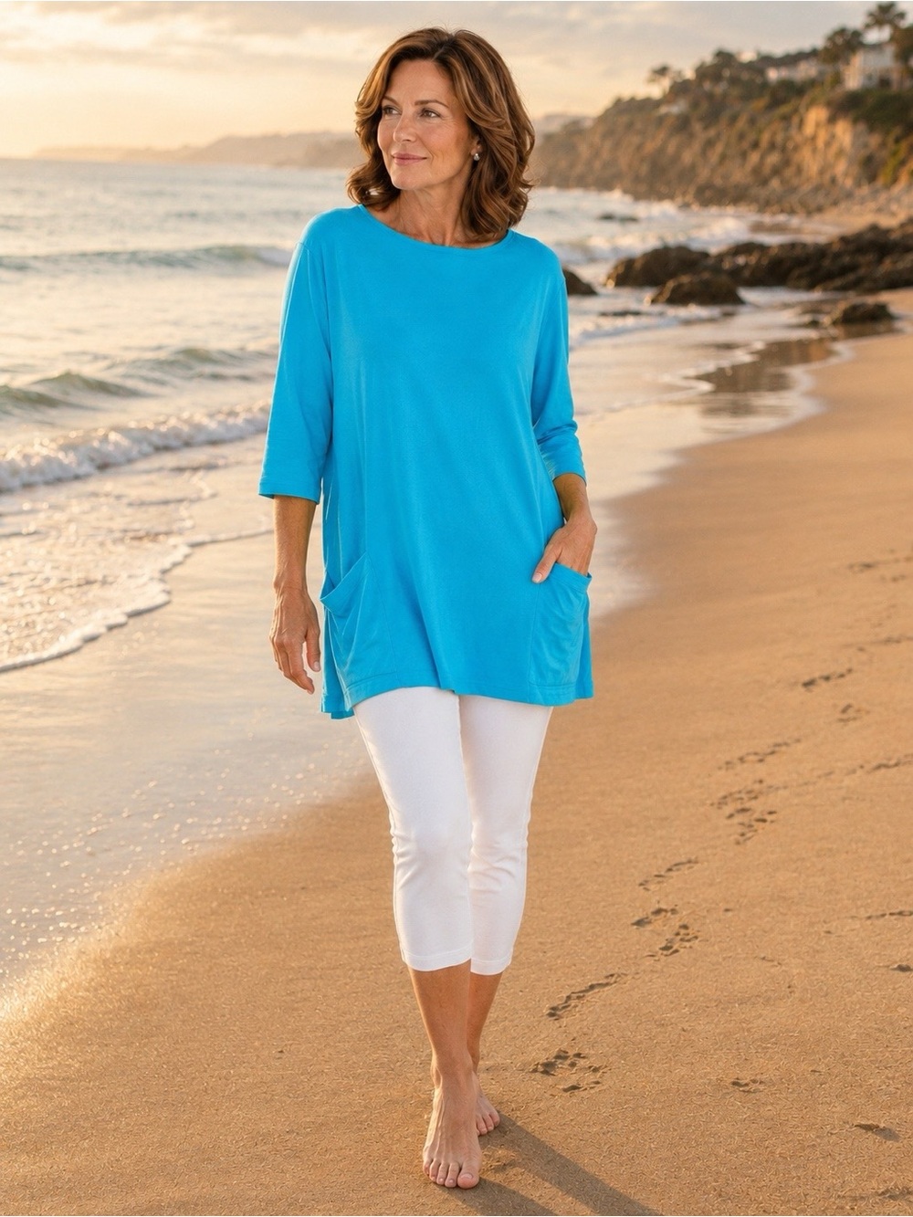 Joan Vass Turquoise Cotton Large Pocket Tunic